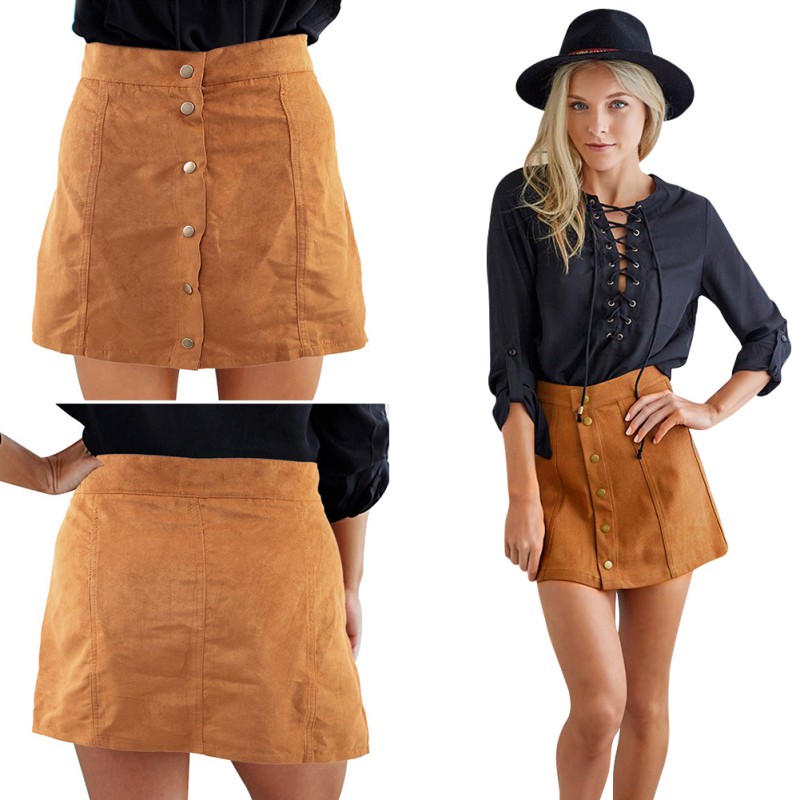 US Women Faux Suede Skirt Khaki High Waist Buttons Pleated Party ...
